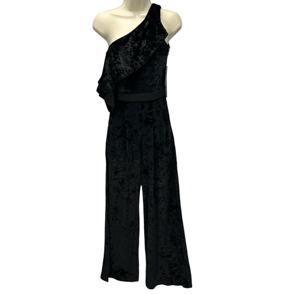 XOXO Sleeveless One Shoulder Velvet Evening Jumpsuit - Black